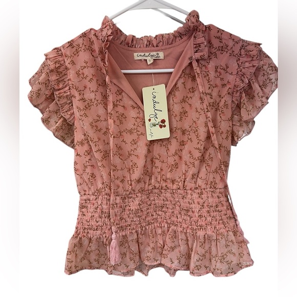 indulge Tops - NWT Indulge Blush Floral Ruffle Blouse